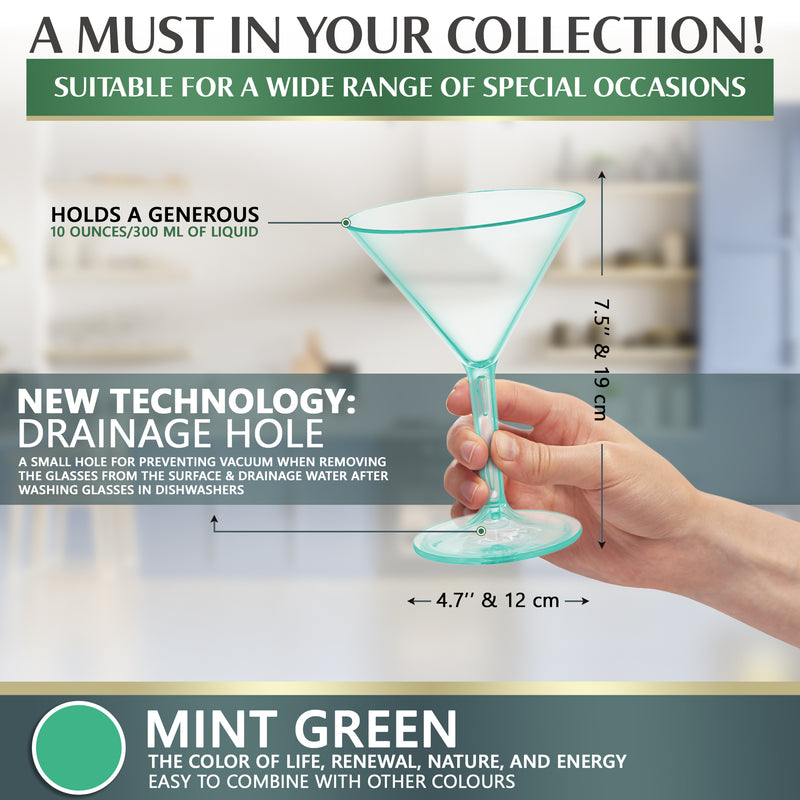 Large Martini Glasses - Shatterproof Polycarbonate Cocktail Glass Alternative - BPA Free Tumblers - Reusable, Easy Clean - Home, Parties, Weddings GREEN