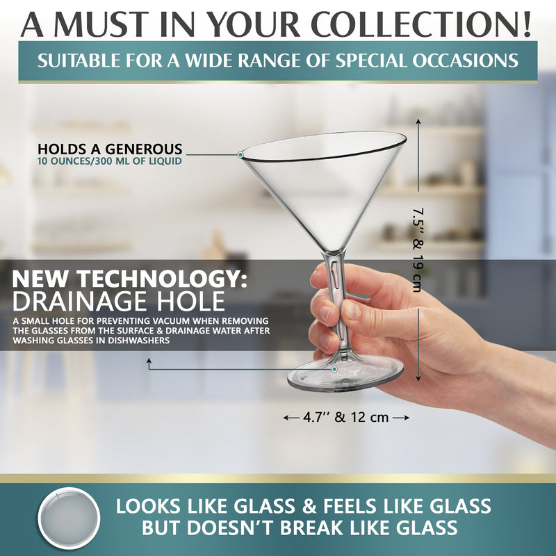 Large Martini Glasses - Shatterproof Polycarbonate Cocktail Glass Alternative - Green BPA Free Tumblers - Reusable, Easy Clean - Home, Parties, Weddings TRANSPARENT