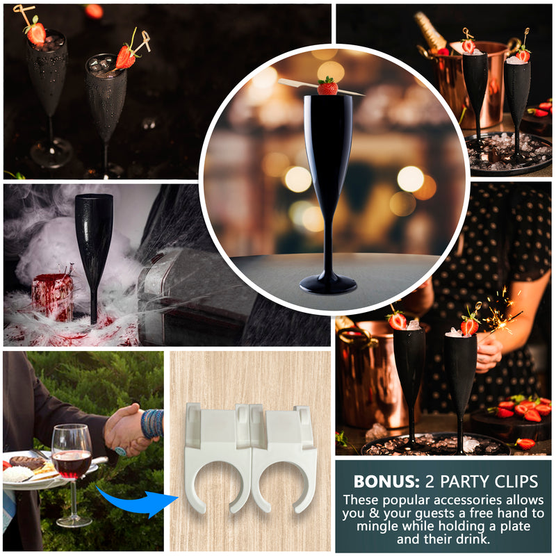 Plastic Champagne Glasses Unbreakable Champagne Flutes 7 oz Reusable Mimosa Glasses with Cocktail Clips Ultra-Elegant Black Design Ideal for Special Occasions, Picnic